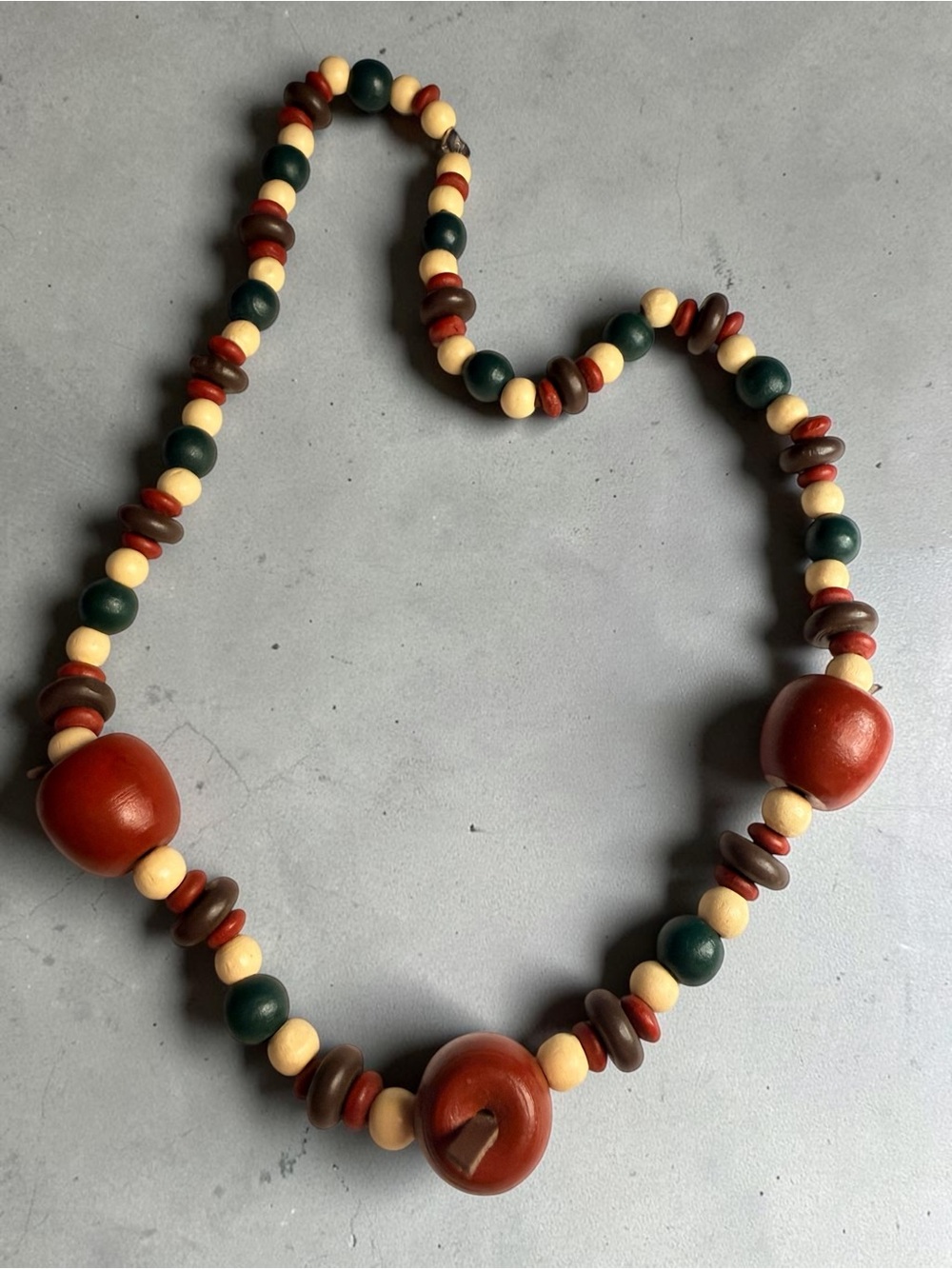 Handcrafted Red, Green & Cream Wood Bead Necklace